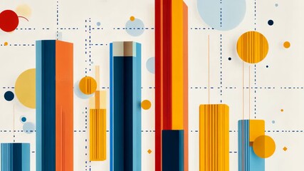 Abstract financial chart animation with colorful bars and geometric shapes background - Powered by Adobe
