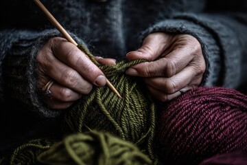 Close-up of Hands Knitting Green Yarn with Wooden Needles, Burgundy Yarn Ball