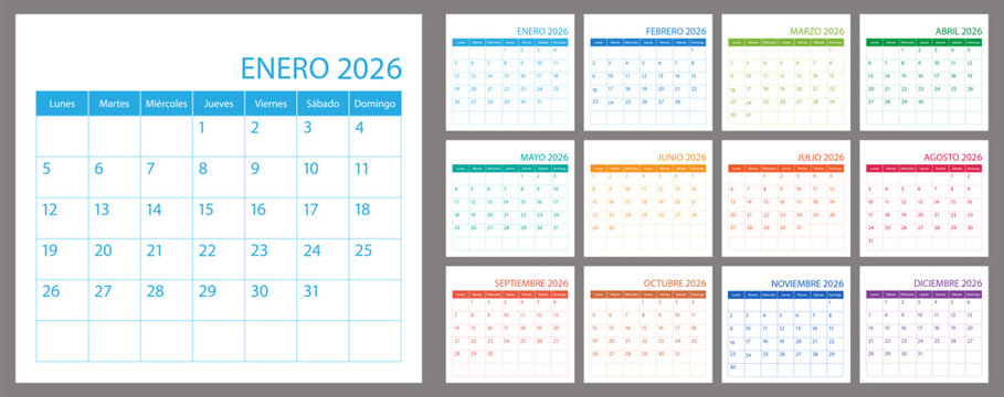 Spanish calendar planner 2026 year, schedule month calender, organizer template. Week starts on Monday. Business personal page for Spain. Modern simple vector illustration
