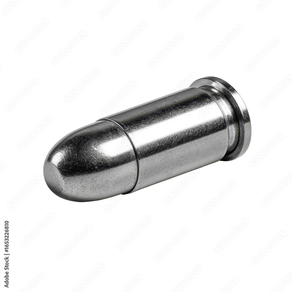 Poster metal bullet casing lying on a surface reflecting light in a well-lit environment with soft shadows