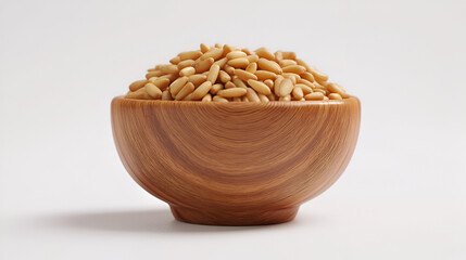 Wooden bowl filled with fresh pine nuts on a white background ready to eat. Studio shot of nut bowl
