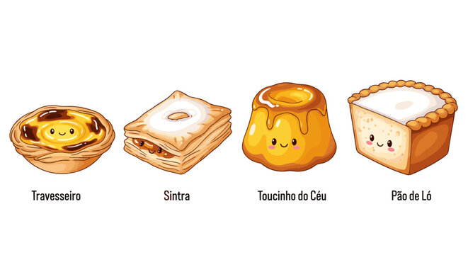 Adorable Cartoon Illustration of Traditional Portuguese Pastries on White Background