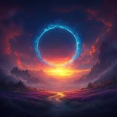 Mystical glowing ring of light in dramatic sunset sky above dark horizon with surreal fantasy atmosphere