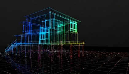 Wireframe house model, vibrant colors, digital design