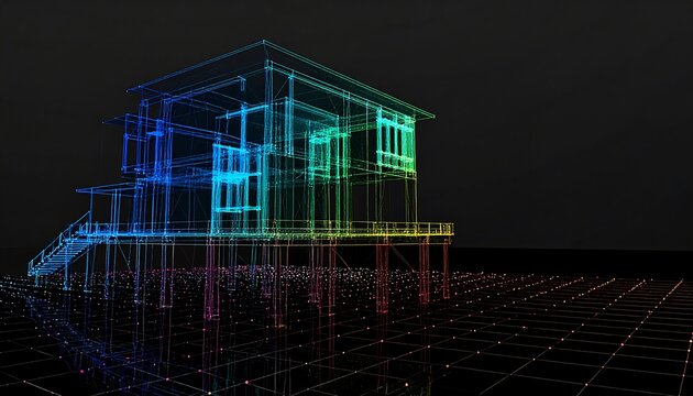Wireframe house model, vibrant colors, digital design