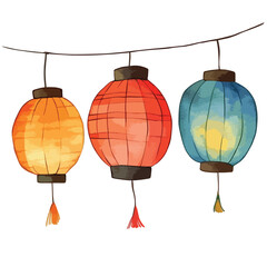Obraz premium Watercolor Asian Lanterns Hanging Festive String