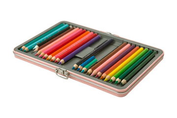 Naklejka premium Colorful pencils in a metal case isolated on transparent background
