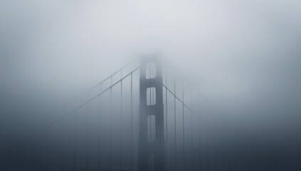 Fototapeta premium A view of the golden gate bridge partially obscured by a thick layer of dense fog and mist in the air