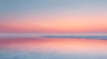 A smooth frozen lake horizon with pale ice tones reflecting a pastel twilight sky