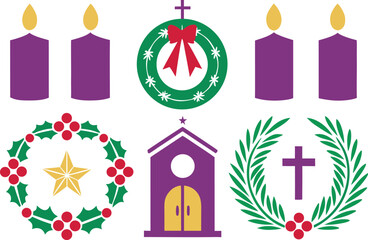Colorful Second Advent Sunday Candle Collection for Holiday Design. Christian Second Advent Sunday Wreath with Burning Candles Artwork. Traditional Second Advent Sunday Religious Candlelight