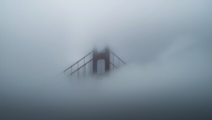 A partial view of a bridge structure disappearing into a thick layer of dense fog and heavy mist