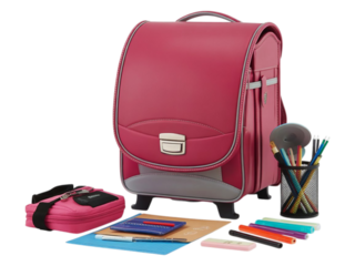 Pink school backpack and supplies isolated on transparent background
