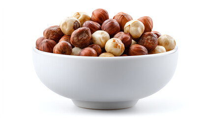 Bowl full of hazelnuts. Featuring shelled and unshelled nuts. Isolated on white for flexible background.