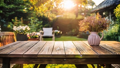 Naklejka premium sunlight shining on rustic wooden table with a flower vase in cozy backyard garden