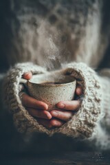 Cozy Hands Holding Steaming Coffee Cup in Chunky Knit Sweater, Warm Drink