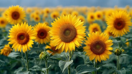 Obraz premium Vibrant Sunflowers in a Sunny Field Under a Clear Blue Sky