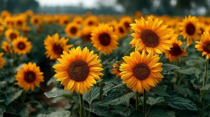 Obraz premium Vibrant Sunflower Field Under Clear Sky with Lush Green Foliage