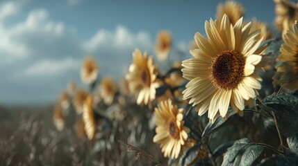 Vibrant Sunflowers in a Lush Field Under a Clear Blue Sky