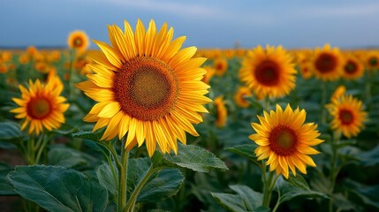 Fototapeta premium Bright and Vibrant Sunflowers in Expansive Green Field Landscape