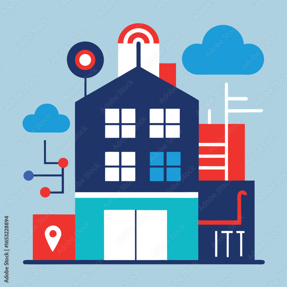 Aufkleber vector art of modern building with geometric design and technological elements, representing smart c