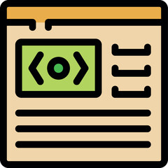 Simple vector icon representing a web page displaying programming code, emphasizing software development and online coding resources