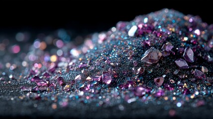 luxurious diamond dust and colorful diamond shards on black linen table