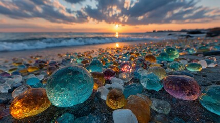 beach with colorful pebbles glowing glass balls and sunset sky