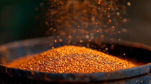 Pouring a pile of golden grains into a rustic bowl