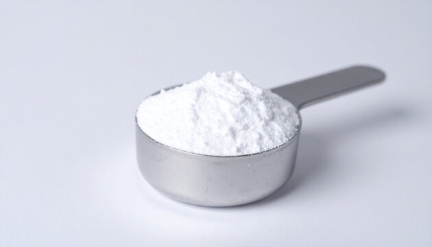 Tiny metallic scoop with titanium dioxide powder. Talc, calcium carbonate, magnesium. Science