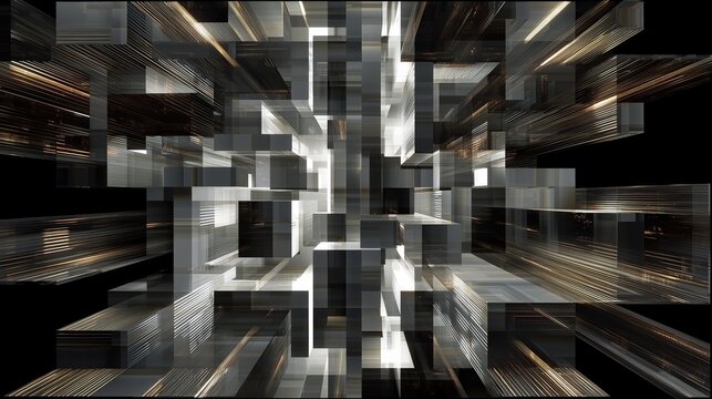 luxury abstract golden cubes and squares on black digital geometric design