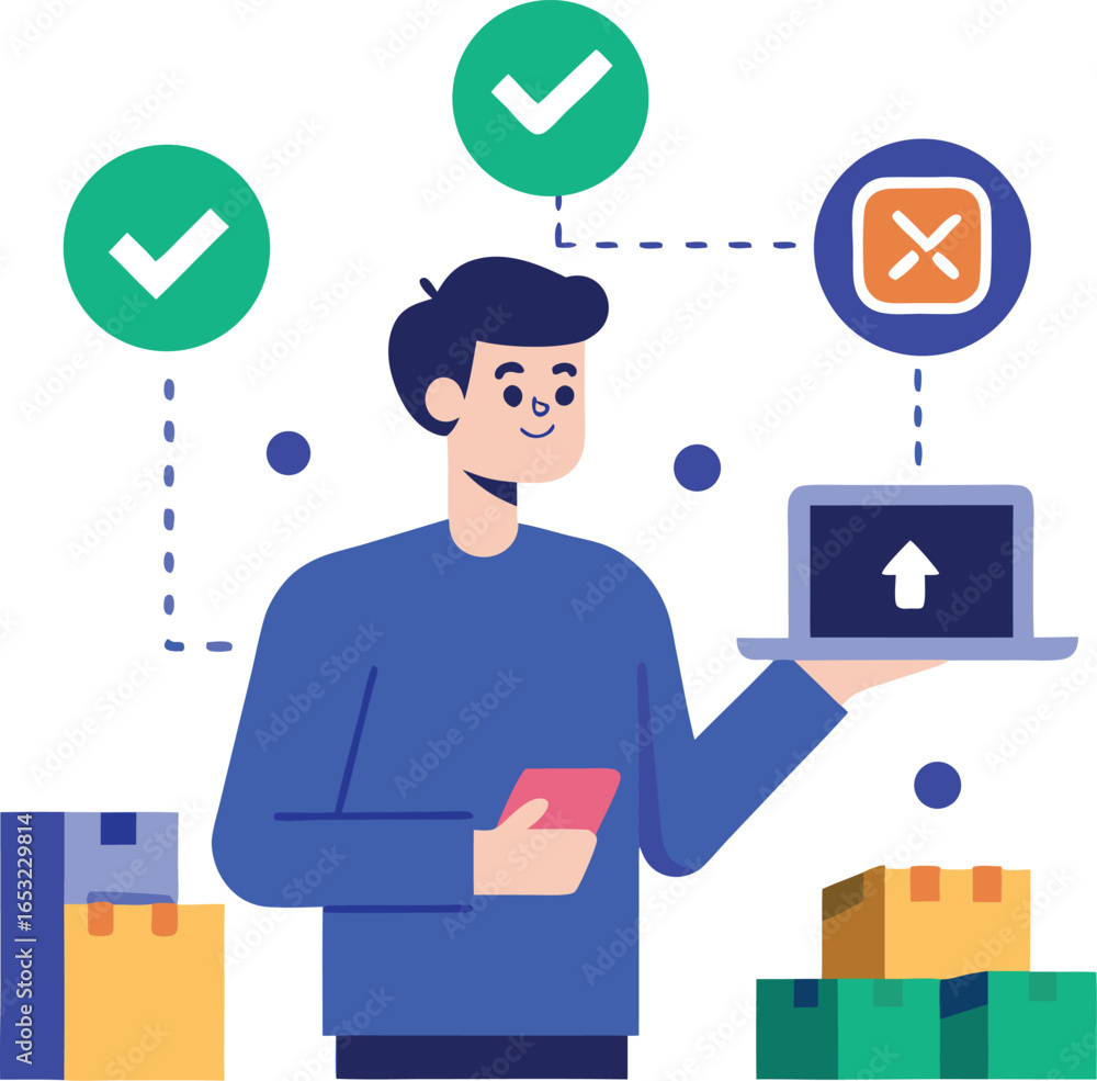 Poster vector art of man with laptop and phone managing delivery process with checkmarks and error icons, s