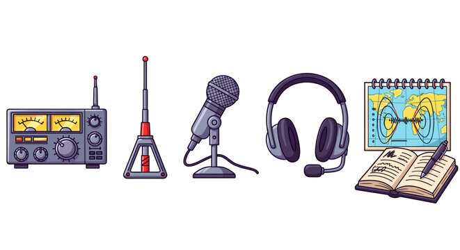 Cartoon Illustration of Broadcast Equipment and Seismological Research Tools