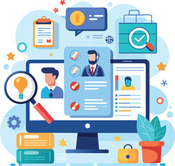 Fototapeta premium Vector art of recruitment and hiring process illustration, showing candidate profiles on a computer screen with a magnifying glass, checklist, and briefcase