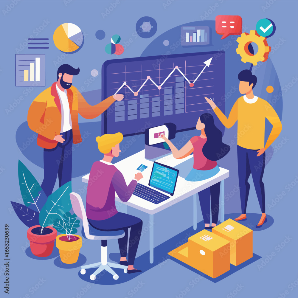 Poster vector art of business team collaborating on a project, analyzing data and charts, representing team
