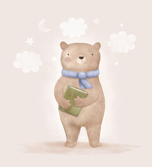 Fairy Tale Brown Bear with Primer Book. Hand-drawn Iillustration Of A Brown Bear In A Cozy Scarf Holding A Children's Primer Book, Designed In A Whimsical Fairy-tale Style. Bear On A Beige Background