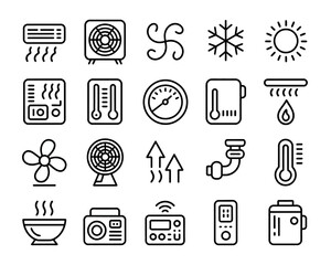 Black and white line art icons of HVAC systems and climate control components showcasing a modern minimalist design for websites and applications