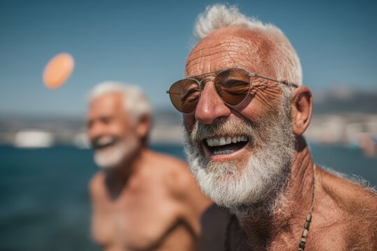 Joyful Seniors Enjoying Summer Day at Beach with Laughter and Fun