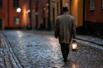 elderly man walks down cobblestone street at night holding ultrabright lantern in drizzling rain