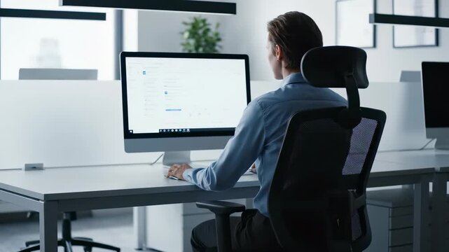 Rear view of a data analyst working on a desktop computer in a modern open office with a white screen background, concept for corporate training, financial reporting and business intelligence