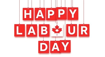 Happy labour day message with red and white squares hanging on strings against a white background