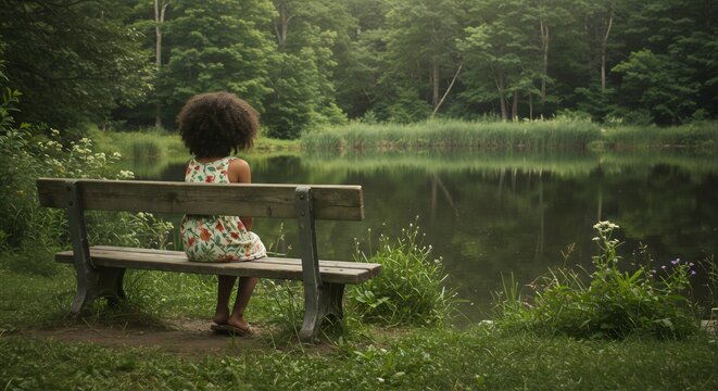 A young African American girl with curly hair sits alone on a wooden bench, peacefully observing the calm, reflective waters of a lake surrounded by a dense, green forest