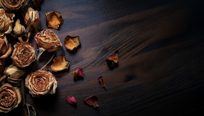 aesthetic display of withered roses on dark surface capturing timeless natural beauty