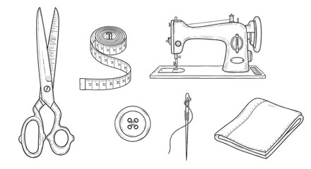 Vintage Sewing Tools Line Art Illustration with Button and Cloth