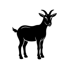A striking black silhouette illustration of a domestic goat, standing elegantly with its horns and tail clearly defined, perfect for various design applications