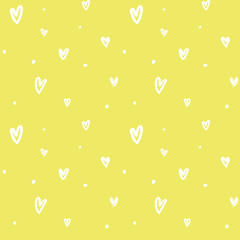 Heart seamless pattern. Doodle white Hearts hand drawn seamless ornament. Repeating love yellow background. Scattered hearts for design prints, graphic motif. Randomly ornament. Raster illustration.