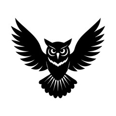 A majestic black silhouette of an owl in powerful flight with wings widely spread, symbolizing wisdom, knowledge, and the serene mystery of the night. An ideal graphic for logos and emblems
