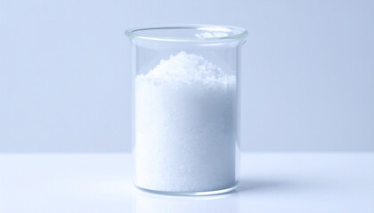Transparent glass beaker with crystalline sodium chloride on white backdrop. Laboratory and science.