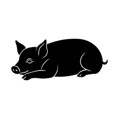 Stylized black silhouette of a young pig resting peacefully, an elegant vector illustration perfect for farm animal themes, agricultural designs, or rustic culinary concepts