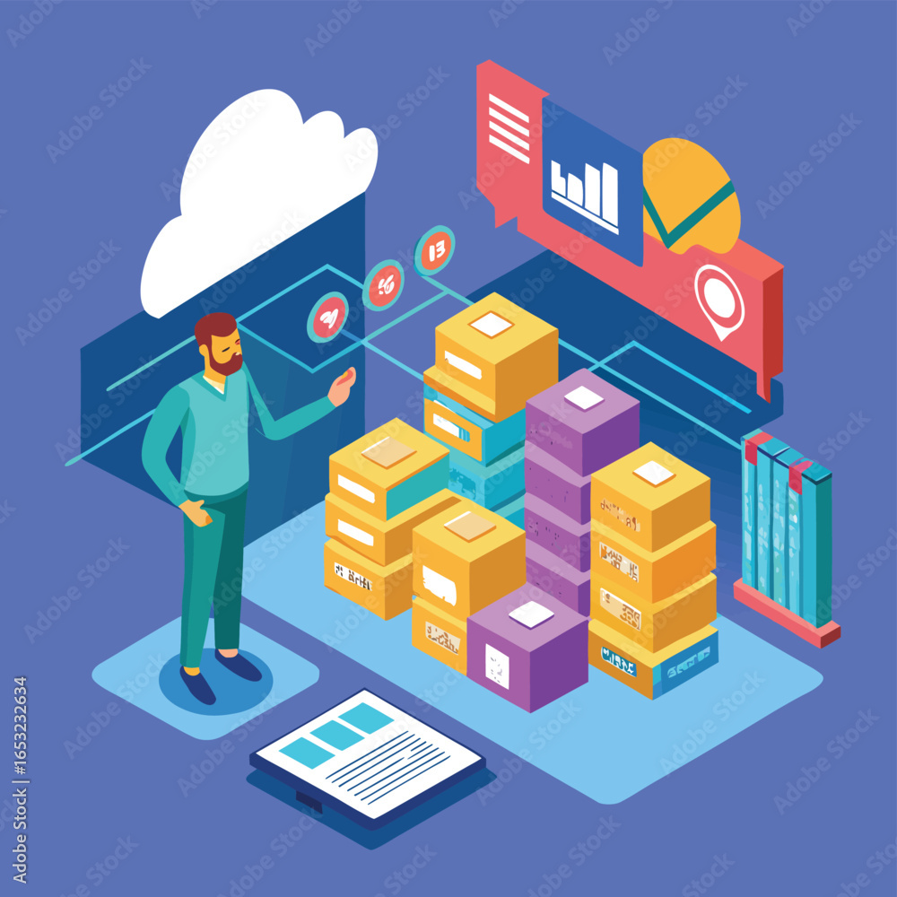 Poster vector art of man interacting with data analytics and cloud storage, representing business intellige
