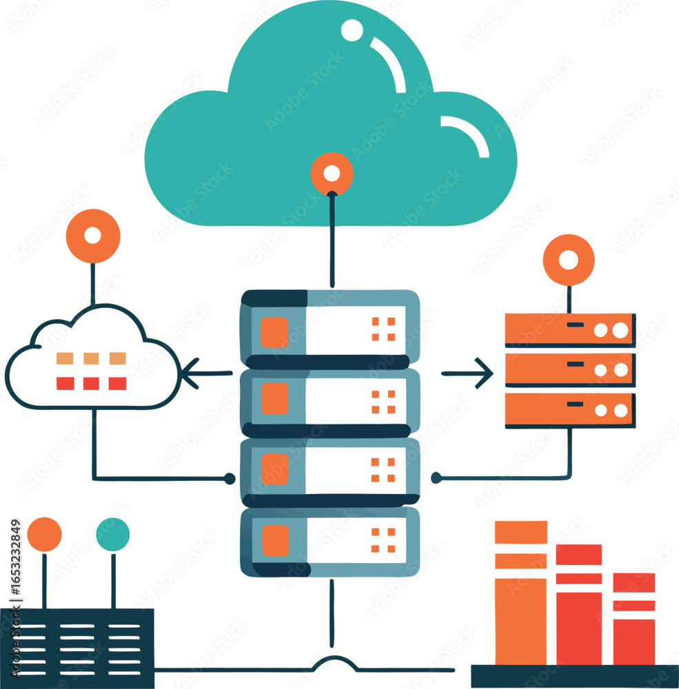 Poster vector art of cloud computing infrastructure with servers, data storage, and network connections, il